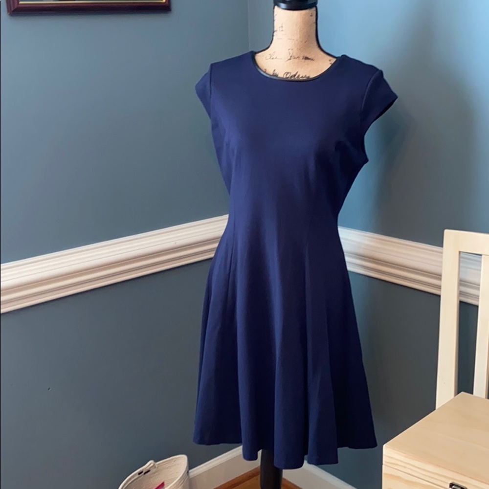 Navy Aline dress with faux leather neck trim